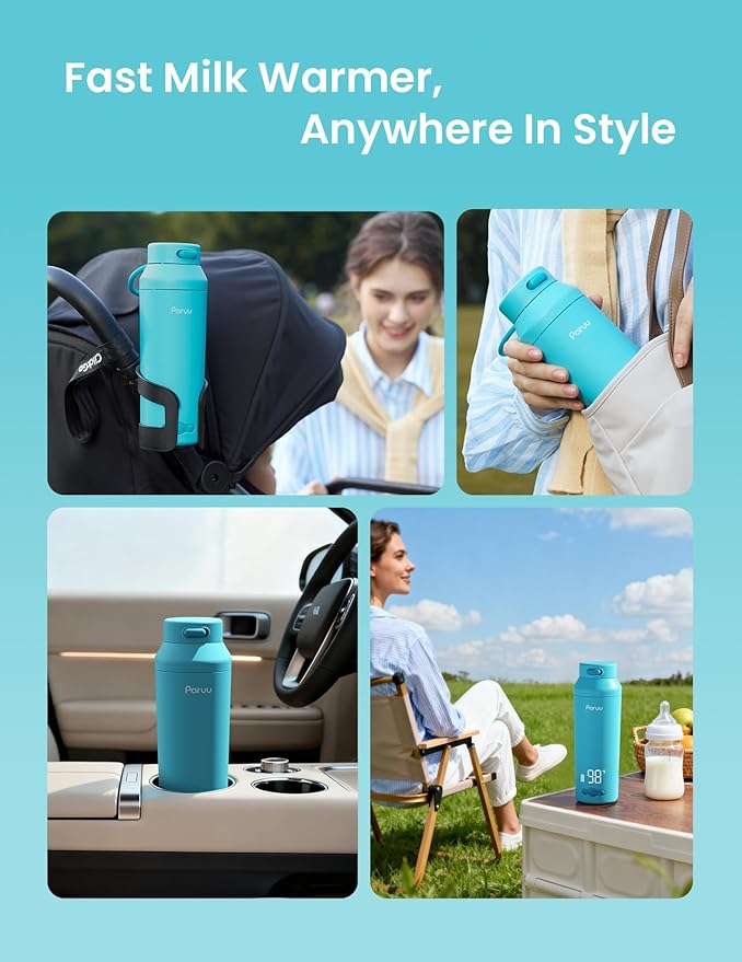 Paruu Portable Bottle Warmer for Travel, Easy-Clean Wide Mouth, Portable Milk Warmer with Fast Heating for Night Feeding, 7-Temp Control, Large 12oz Capacity, Ideal Gifts for New Parents, Blue