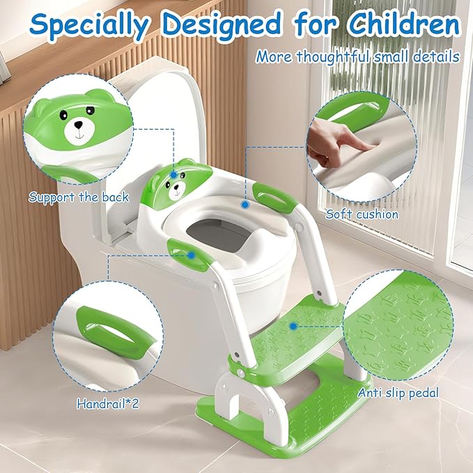 Potty Training Seat with Step Stool for Toddlers - Upgrade 2-in-1 Toilet Seat Toilet Ladder for Kids Children Boys Girls, Anti-Slip Pad & Adjustable Height with Waterproof - Green