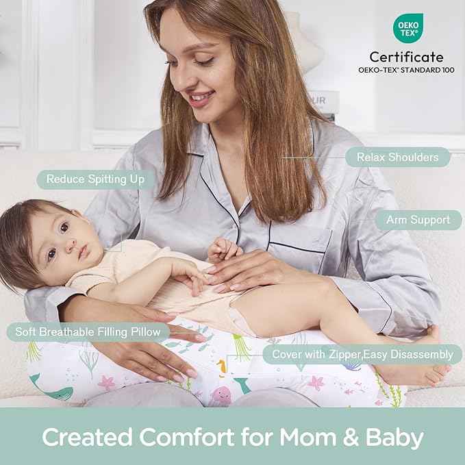 Little Grape Land Nursing Pillow, Breastfeeding Pillows, Baby Support Pillow for Nursing, Bottle Feeding, Tummy Time with Machine Washable Cover & Breathable Filling(Ocean World)