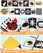 Tummy Time Toys, High Contrast Baby Book with Mirror & Teether, Black and White Infant Books, 0-6-12 Months Soft Book for Newborn, Sensory Books, Tummy Time Car Seat Toys 0-6 Month Boy Girl Gift