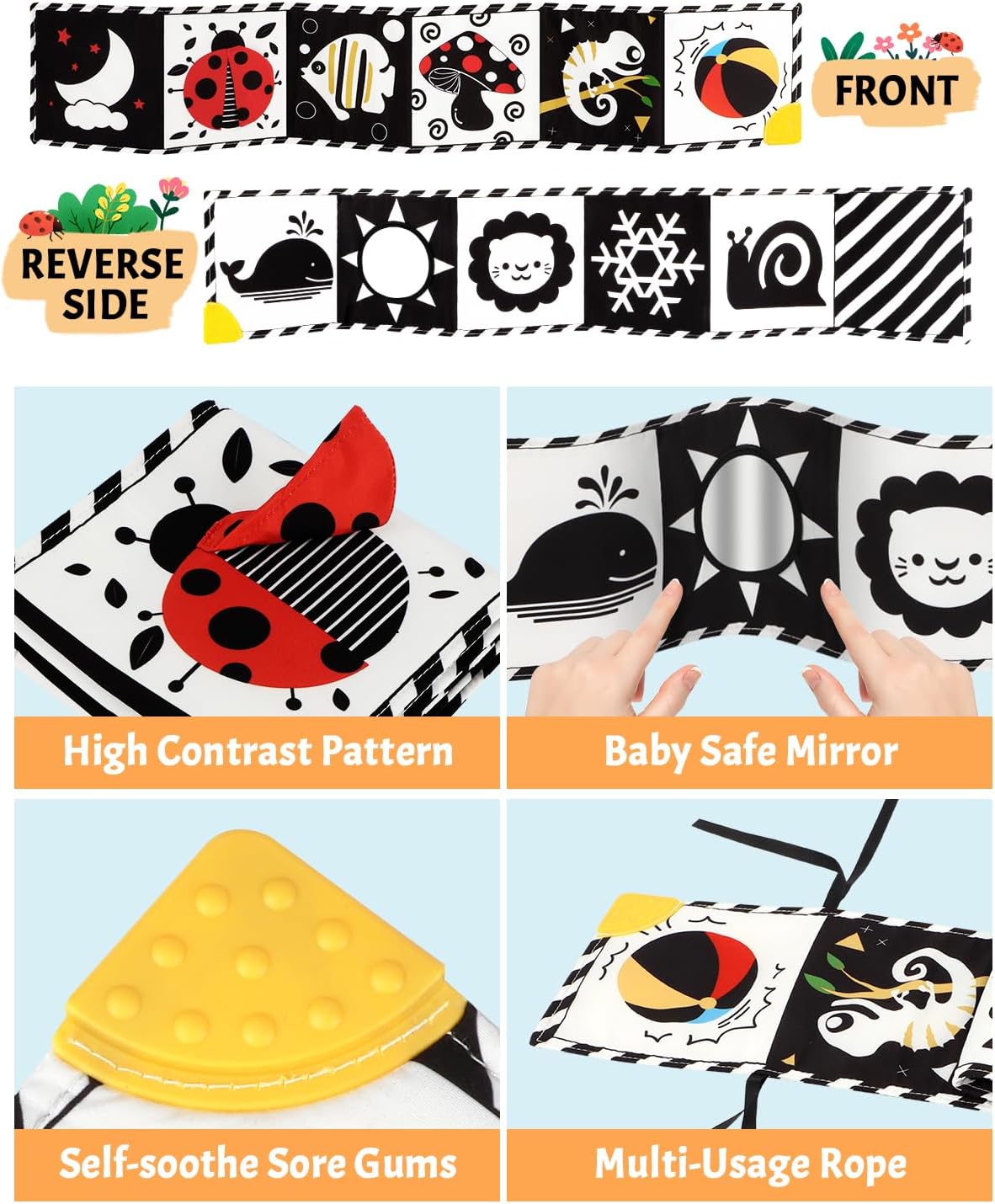 Tummy Time Toys, High Contrast Baby Book with Mirror & Teether, Black and White Infant Books, 0-6-12 Months Soft Book for Newborn, Sensory Books, Tummy Time Car Seat Toys 0-6 Month Boy Girl Gift