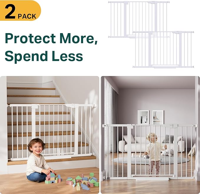 Cumbor 2 Pack 29.7"-51.5" Extra Wide Baby Gate for Stairs, Easy Wall Through Dog Gates for Doorways, Pressure Mounted Pet Gate Indoor, Safety Auto-Close Child Gate for Kids with 4 Wall Cups, White