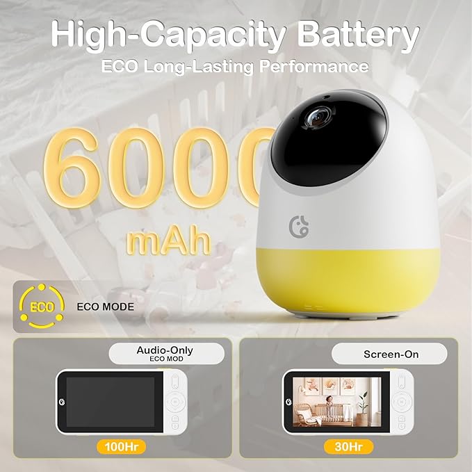 Ellie Pro Baby Monitor with Camera and Audio,5'' IPS 2K UHD Resolution,6000mAh Battery, Remote Pan-Tilt-5X Zoom, 2-Way Talk,No WiFi, Night Vision, Virtual Fence 24hr Play Back and 1000ft Range