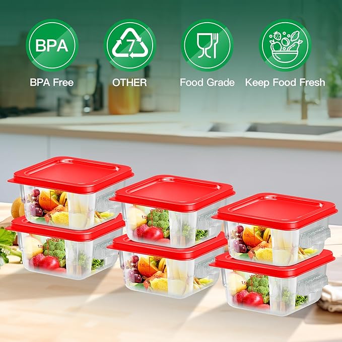 6 pcs 2qt Food Storage Containers with Lid, Square Clear Commercial Food Storage Containers with Handle and Scale for Food Storage in Home Kitchen & Dining (Red)