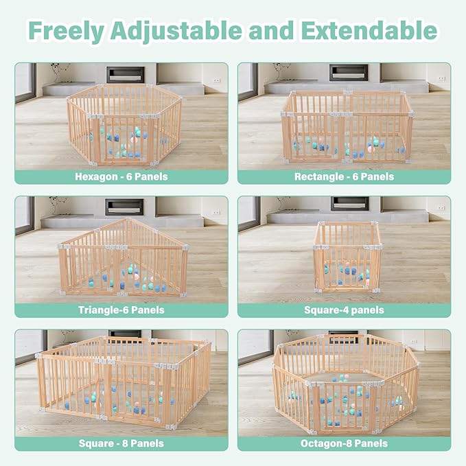 Foldable Wooden Playpen,Large Baby Gate Playpen with Child-Proof Lock-Easy Assembly, Portable Design for Babies & Toddlers- Shape& Size Adjustable Baby Fence Play Area(Wood, 6 Panel)