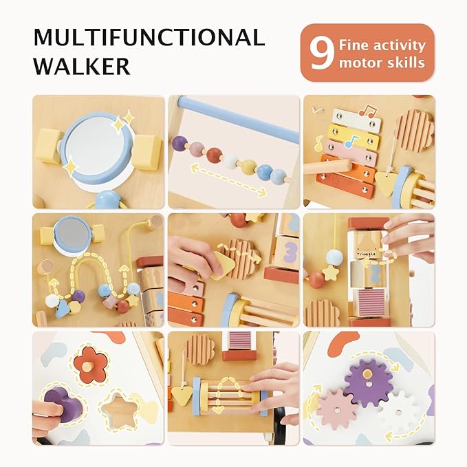 Frogprin Wooden Baby Walker, Baby Push Walker, Montessori Walker Toy for Babies 12M+ Learning to Walk & Sit-to-Stand, Adjustable Speed Walkers for Boys, Baby Activity Center with Sensory Toy for Girls