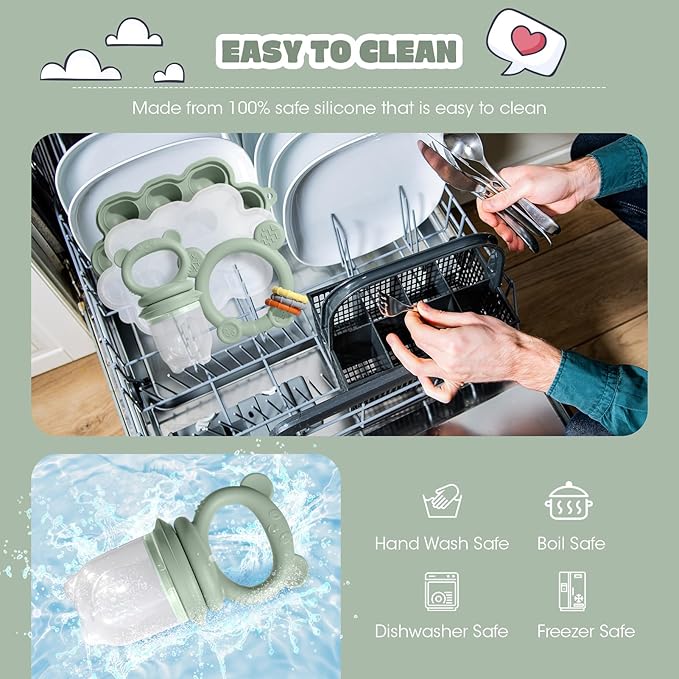 Baby Fruit Food Feeder & Breastmilk Popsicle Molds for Teething Relief, Baby Feeding Sets, 1 Freezer Tray with Lid & 1 Teether Toy & 1 Silicone Teething Pacifier Feeder, Extra Food Pouches (Green)