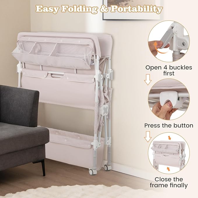 BABY JOY Portable Baby Changing Table, Foldable Waterproof Diaper Changing Station w/Wheels, Adjustable Height, Storage Basket, Shelves & Trash Bin, Mobile Nursery Organizer for Newborn Infant, Beige