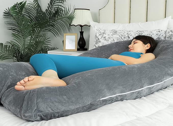 QUEEN ROSE Pregnancy Pillows for Sleeping, U Shaped Body Pillow for Pregnancy, 65 inch Maternity Pillow for Tall Pregnant Women with Gray Velvet Cover