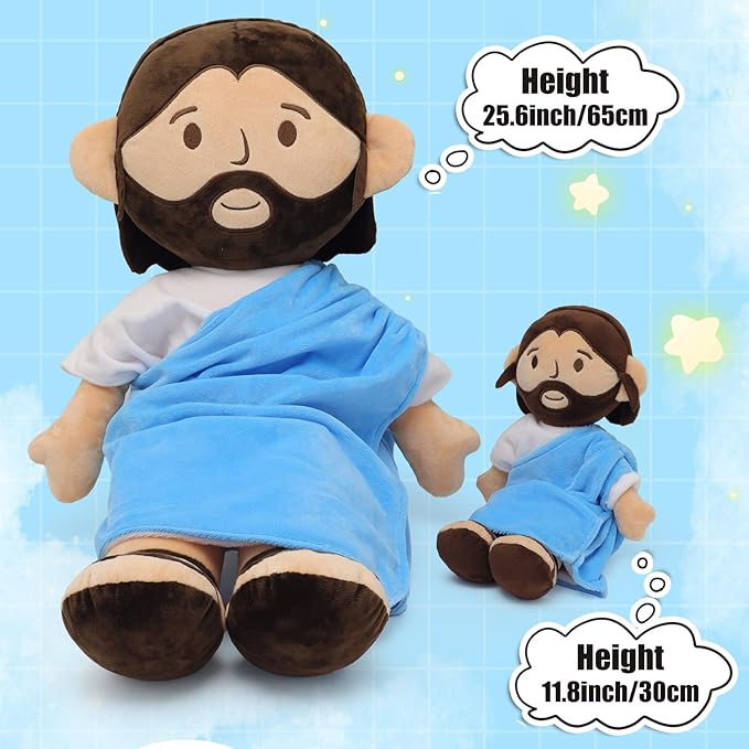 25.6inch Brown Jesus Plush Doll Guardian Baptism Stuffed Plushie Savior Toy Gifts for Church Sunday School Religious Easter Gift (BLUE/25.6inch)