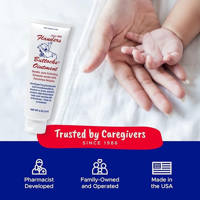Flanders Buttocks Ointment - Diaper Rash Cream for Treatment & Prevention, Pharmacist Developed, Heat Rash & Chafing in Infants to Adults, Instant Relief (4oz Tube)