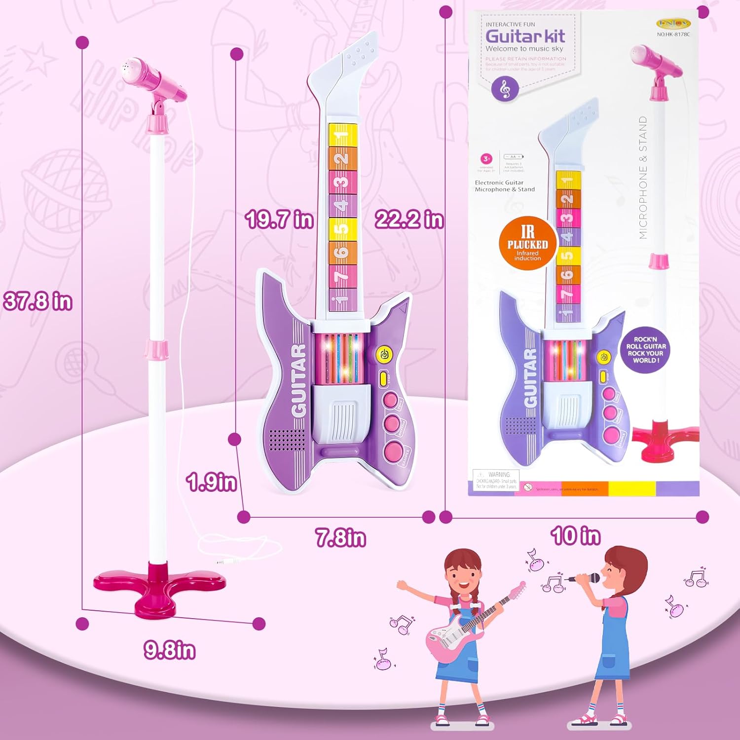 deAO Kids Guitar and Microphone Set with Stand Adjustable Height Music Light Karaoke Music Toys Christmas Birthday Gift for Kids Boys Girls (Purple)