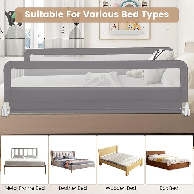 HONEY JOY Bed Rail for Toddlers, 71-in Extra Long, Portable Safety Bed Guardrail w/Double Safety Child Lock, Foldable Baby Bed Rail Guard, Fit King & Queen Full Twin Size Bed Mattress(Gray, Pack 1)