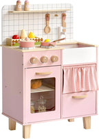 Pink Wooden Play Kitchen with Realistic Features & Accessories, Pretend Cooking Toy for Kids 3+, Ideal Gift for Toddler Boy and Girls