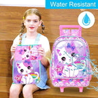 Girls Rolling Backpack, Cute Cat Roller Wheels Kids Bookbag - Wheeled Elementary School Bag - 3PCS Cat