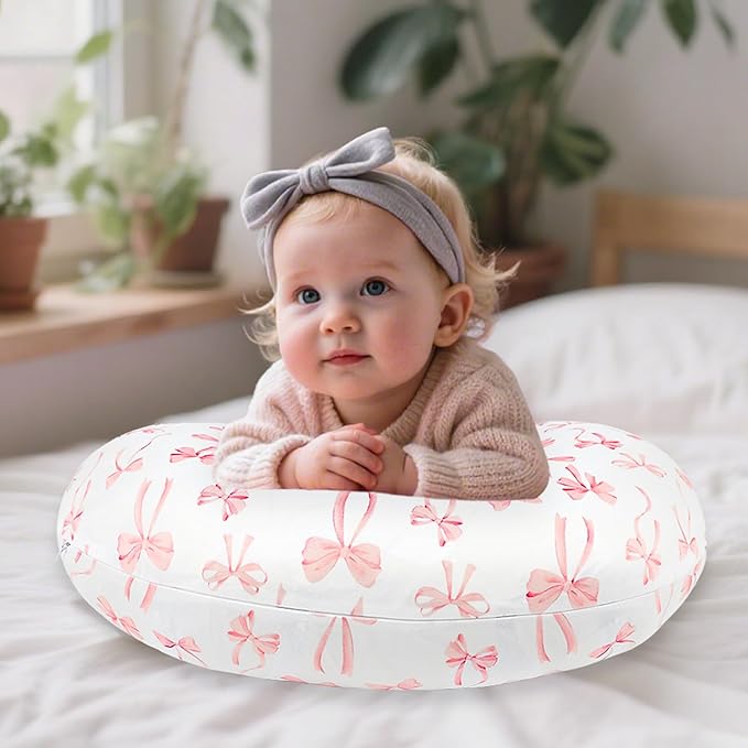Nursing Pillow Cover, Removable Nursing Covers for Breastfeeding Pillows, Stretchy and Soft Fit for Baby Girls Boys Newborn, Pink Bow(Only Cover)