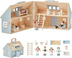 Olivia's Little World Wooden Cottage Dollhouse with 12 Accessories & 4 Figurines – Portable 2-Story Playhouse for 3.5" Dolls – Foldable Miniature Toy House for Girls Ages 3+