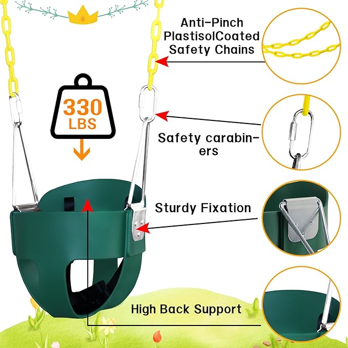 High Back Full Bucket Toddler Swing Seat with 3- Point Adjustable Safety Harness, 66 inch Detachable Chain,Suitable for Babies Aged 6-24 Months，Baby Swing for Swingset (Green)