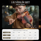 1/8 Beginner Violin Kit, Complete Violin Set with Case, Bow, Rosin, Natural Finish