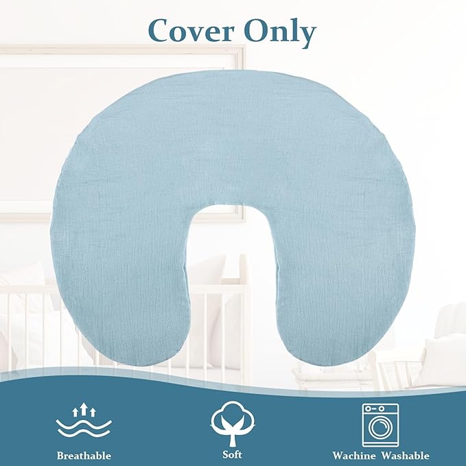 Baby Nursing Pillow Cover, Removeable Breastfeeding Pillow Slipcover, Muslin Nursing Case for Newborn Boys Girls, Soft Fabric Fits Snug On Infant, Washable & Breathable, Blue (Cover Only)