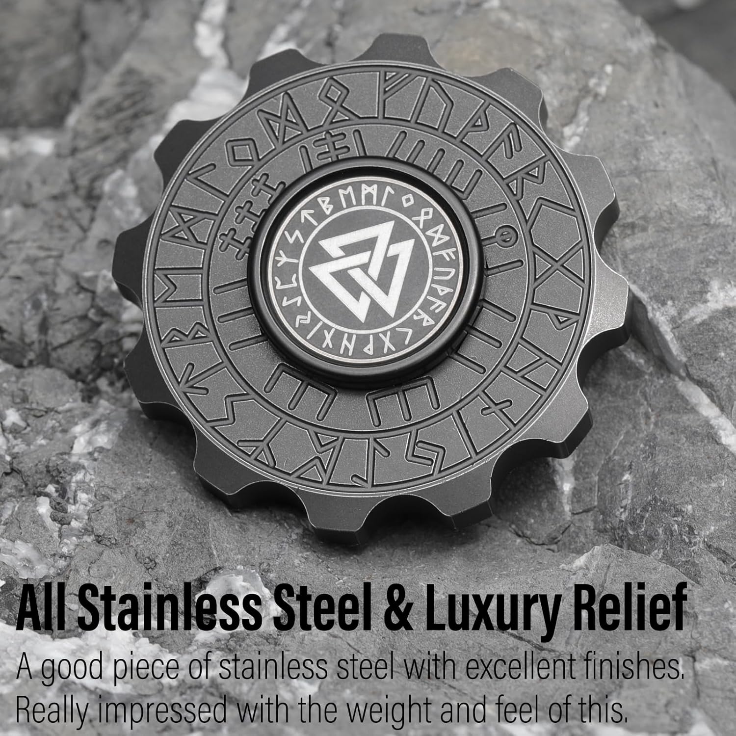 FREELOVE Metal Fidget Spinner, Viking Pirate Haptic Gyro, Heavy Stainless Steel Hand Spinning, Small Round Gear Fidget Block, Premium Bearing Silent Long Spinning for Adults Anxiety Cool, Black