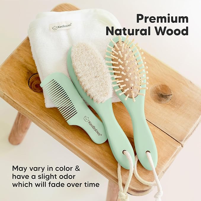 Wooden Baby Hair Brush - Cradle Cap Baby Brush with Soft Goat Bristles, Perfect Gentle Scalp Newborn Comb for Infant, Girls, Boys, Bath Essentials (Sage, Oval)