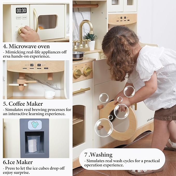 Wooden Play Kitchen for Kids with Realistic and Interactive Features, Includes 20 Toy Kitchen Accessories, Ideal Pretend Playset Gift for Kids and Toddlers Ages 3+