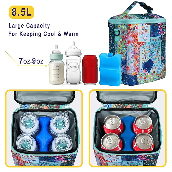 Breastmilk Cooler Bag with Ice Pack Fits 4 Baby Bottles Up to 9 Ounce Insulated Baby Bottle Bag Breast Milk Cooler on The Go with Strap Baby Bottle Cooler Bag for Nursing Mom Daycare or Travel