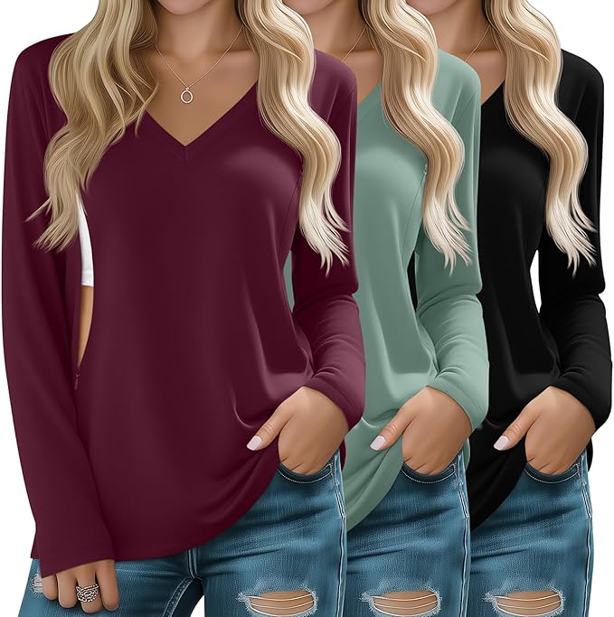 Huukeay 3 Pack Women's Long Sleeve Nursing Tops, Breastfeeding Hidden Zippers Shirts V Neck Maternity Pregnancy Tees Clothes