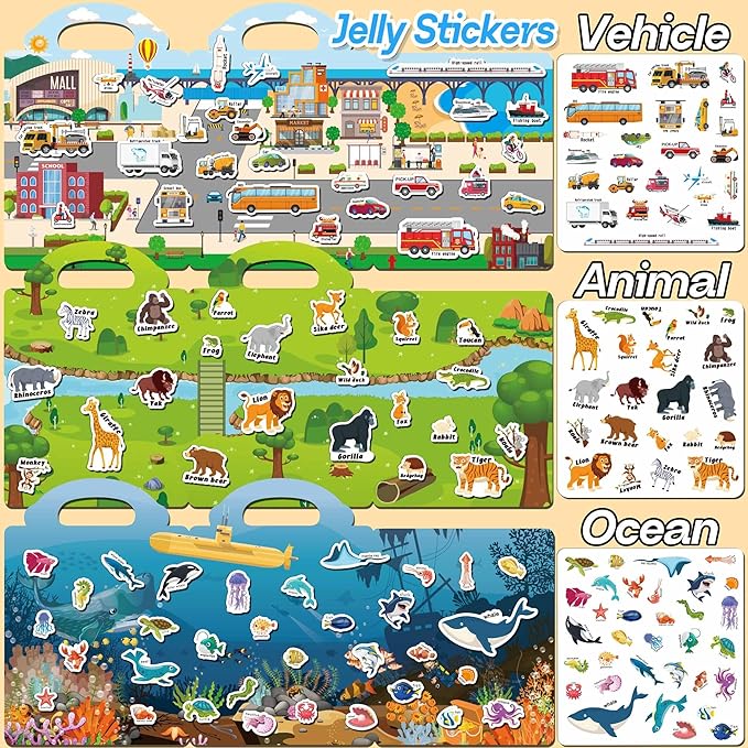 6 Sets Reusable Sticker Books for Toddlers, Jelly Sticker Books for Toddlers, Toddler Travel Toys for Kids 3 4 5 Year Old Girls Boys