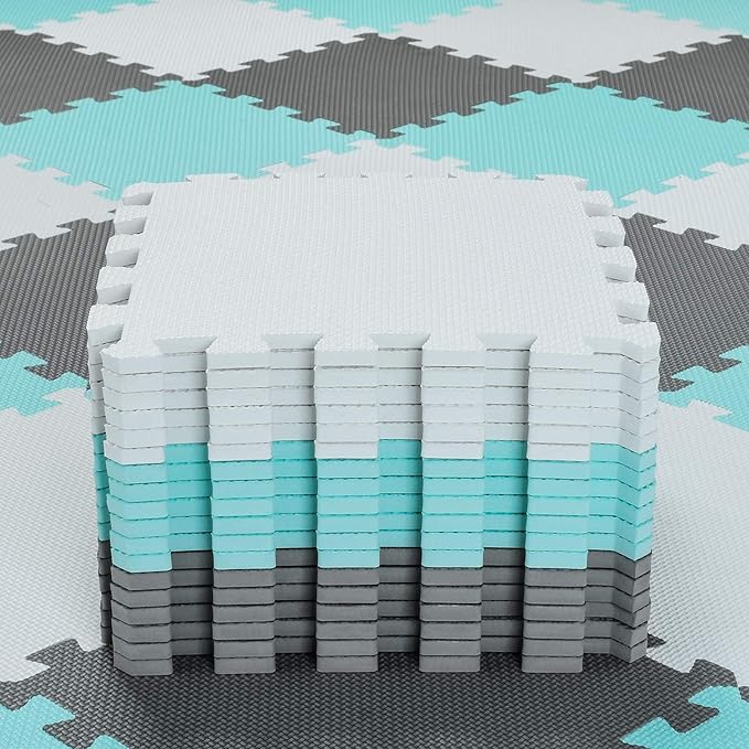 qqpp EVA Rubber 18 Tiles Interlocking Puzzle Foam Floor Mats - Baby Play Mat for Playing | Exercise Mat for Home Workout. White, Green, Gray. QC-AHLb18N