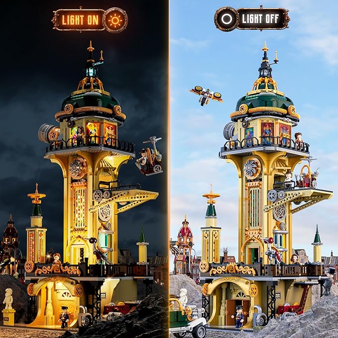 FUNWHOLE Steampunk Observatory Tower Lighting Building-Bricks Set - Astronomy Tower 2744 Pcs Collection Display Set for Adults and Steampunk Lovers