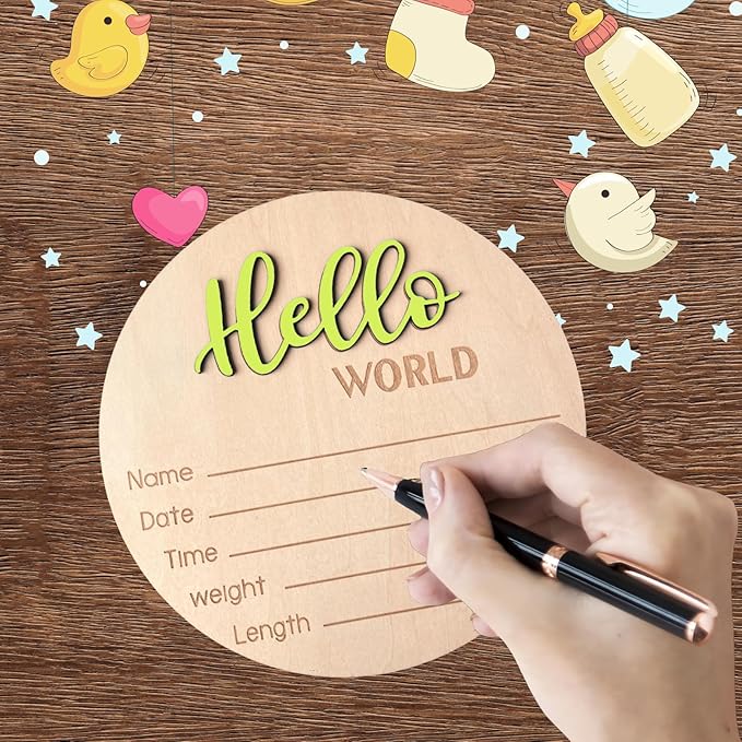 Baby Announcement Sign, 5.9 Inch Wooden Hello World Newborn Signs, Birth Announcement Sign, Baby Shower Hospital Nursery for Newborn Boys and Girls (Wilderness Green)