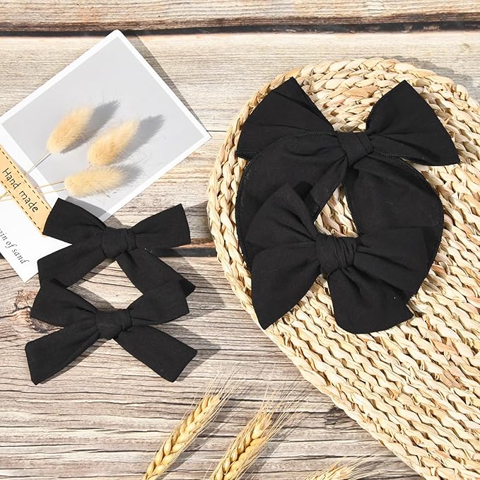 DEEKA 4 PCS Black Cotton Linen Hair Bows 3 Styles 5" & 4" Handmade Hair Bow set for Toddler Girls Alligator Hair Clips Knot Bows Hair Accessories for Little School Girls (Black)