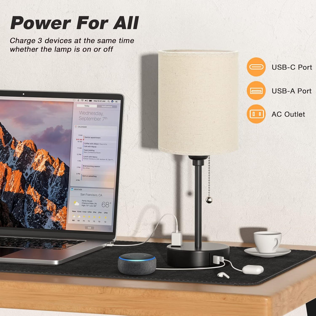 Beige Small Lamps 3 Levels Brightness - 2700K 3500K 5000K Bedside Lamps with USB C and A Ports, Pull Chain Table Lamps with AC Outlet, Nightstand Lamps with Black Metal Base for Bedroom Kids Reading