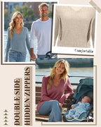 3 Pack Women's Maternity Nursing Tops, V Neck Breastfeeding Sweaters Long Sleeve Hidden Zipper Shirts