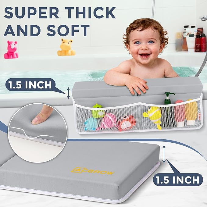 Bath Kneeler and Elbow Rest Pad Set - Comfortable 1.5” Thick Baby Bath Kneeler Pads with Toys Organizer, Non-Slip Knee Arm Support Bathtub Mat, Quick-Drying Kneeling Pad for Baby Bath Time