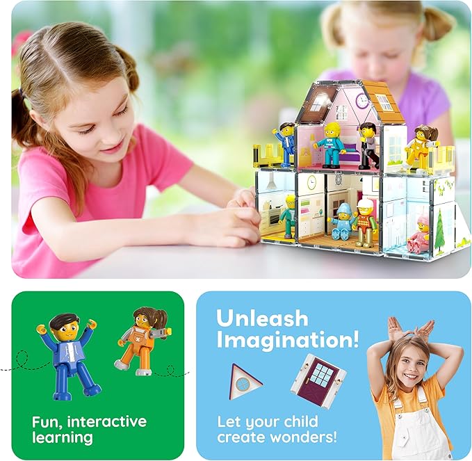 PicassoTiles Magnet Tile Building Block Family Homestead Doll House Theme Playset 8 Character Action Figures Double Sided Magnetic Tiles Printing STEM Education Learning Kit Toy Set Kids Ages 3+ PTQ06