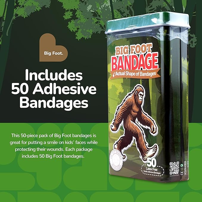 BioSwiss Bandages, Bigfoot Shaped Self Adhesive Bandage, Latex Free Wound Care, Fun First Aid Kit Supplies for Kids and Adults, 50 Count