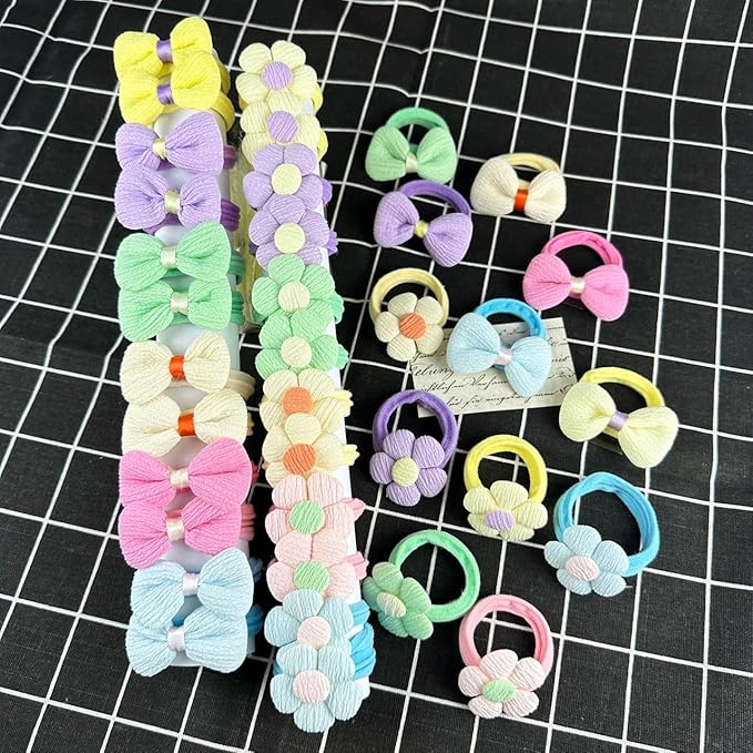 54PCS Girls Hair Ties Bows and Flowers Ponytail Elastic Bands,No Damage Elastic Ponytail Holders Hair,Hair Bows No Slip Durable Fabric ponytail fixator Multicolor