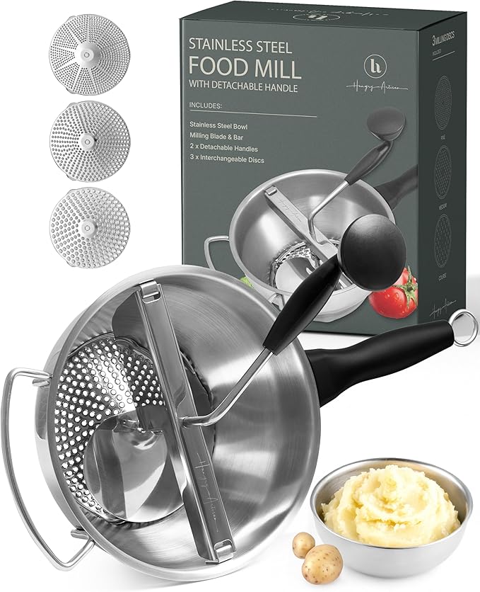 Stainless Steel Food Mill with Detachable Handles – Hand Crank Grinder for Baby Food, Tomato Sauce & Mashed Potatoes – Includes 3 Discs – Easy to Use & Clean – Great for Home Chefs, Parents & Canning