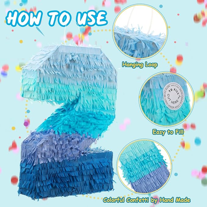 Sratte Number 1 2 3 4 5 6 7 8 9 Piñata with Stick Blindfold Confetti, Gradient Blue Piñata for Kids Boys Girls Birthday Party Anniversary Decorations Supplies(Number 2)