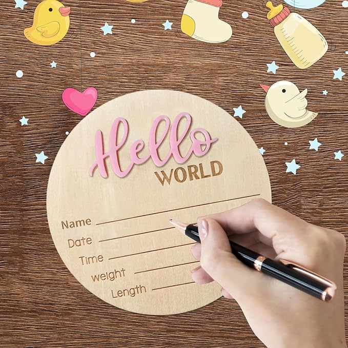 Baby Announcement Sign - 5.9 Inch Wooden Hello World Newborn Sign, Birth Announcement, Baby Shower Hospital Nursery for Newborn Boys and Girls (Pink)