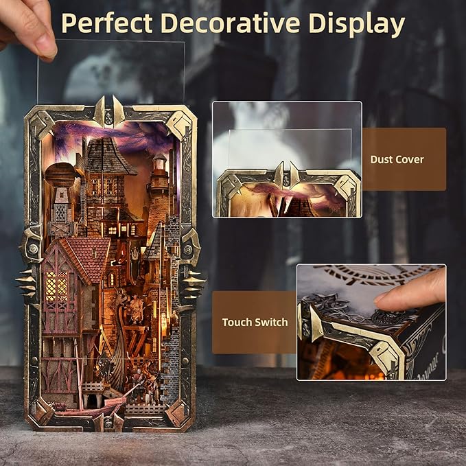 DIY Viking Book Nook Kit, Miniature House Dollhouse Kit for Adult and Teens, Booknook Bookend Tiny House Model Build Bookshelf Insert Decor 3D Wooden Puzzle, Gifts for Family, Friends