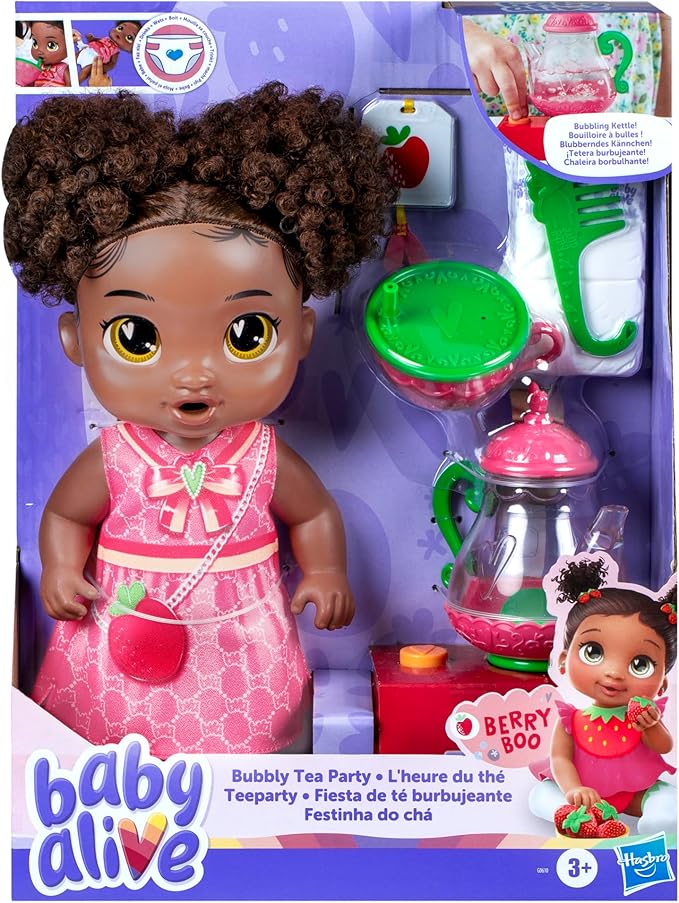 Baby Alive Bubbly Tea Party Berry Boo Doll with Teapot Accessories, Black Hair, 11 Inches, Toys for 3 Year Old Girls and Boys & Up