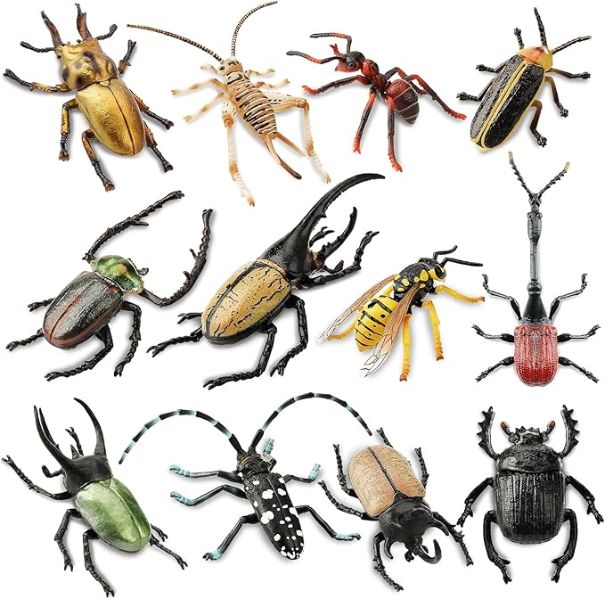 Toymany 12PCS Realistic Insects Figurines Toys - Plastic Bugs Figures Set with Cricket Bee Ant Dung Beetle, Educational Halloween Toy Cake Toppers Christmas Birthday Gift for Toddlers Kids