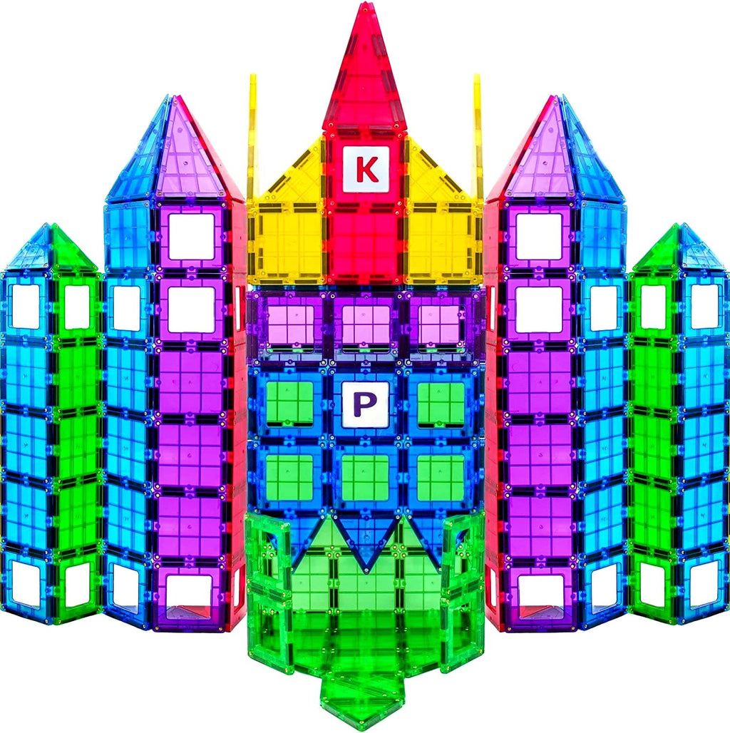 Magnetic Tiles Building Blocks - 113pcs Advanced Set - STEM Toys for 3+ Year Old Boys and Girls -Strongest Magnets - Includes 13 Piece Insert Alphabet Cards - Learning by Playing