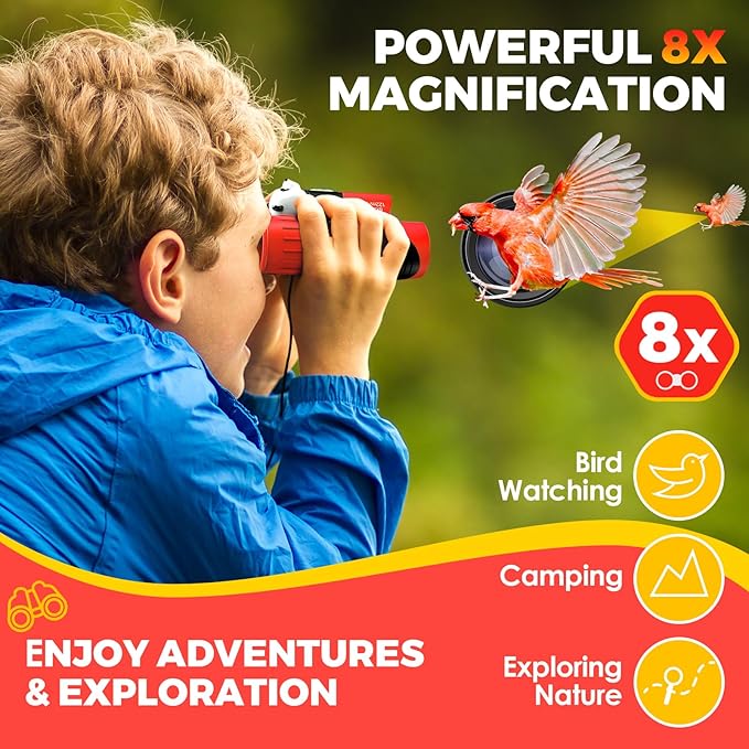 Binoculars for Kids 8x21 High-Resolution Real Optics with Magnifying Glass & Whistle Compass, Kids Binoculars for 3-12 Years Boys and Girls, Best Kids Toys for Outdoor Bird Watching, Hiking, Travel