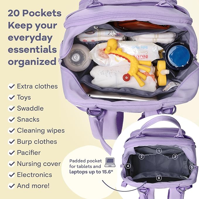 RUVALINO Diaper Bag Backpack, Multifunction Travel Pack Maternity Baby Changing Bags, Large Capacity, Waterproof, Taro Purple