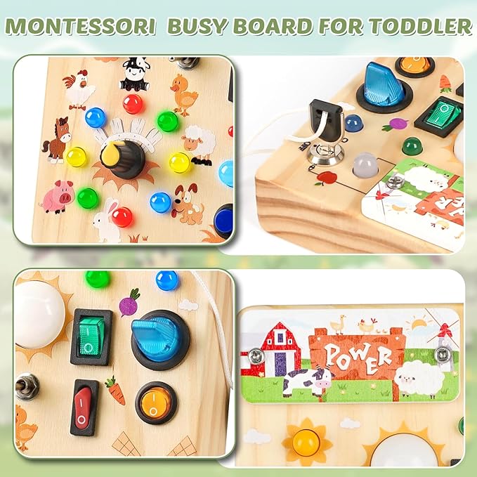 Joyreal Wooden Busy Board with LED Light, Montessori Toddler Toys, Wooden Sensory Board, Toddlers Activity Travel Toys for Boy & Girl Birthday Gift (Farm Theme)